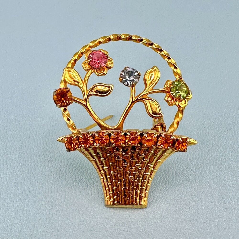 Vintage Flower Basket Brooch Pin Gold Tone Pastel Color Rhinestone Dainty Spring